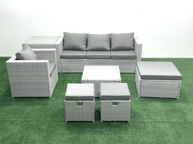 Fimous Garden Outdoor Furniture Set 7 Seater Rattan Sofa Set with 3 Footstools Armchair Side Table Light Grey Mixed