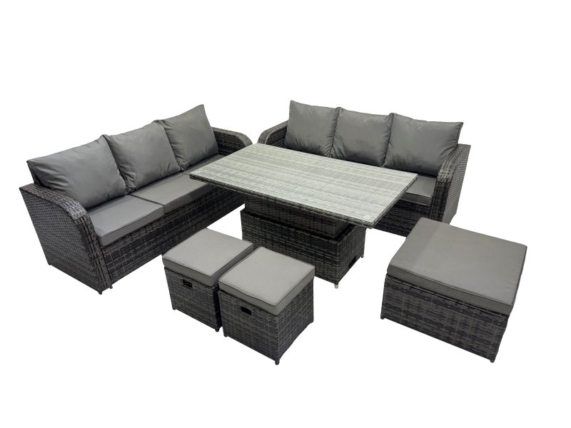 Fimous Rattan Garden Furniture Dining Set 9-seater Patio Height Adjustable Rising Lifting Table Sofa Set with 3 Footstools Dark Grey Mixed