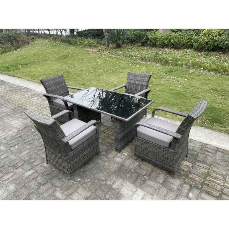 Fimous 4 Seat Rattan Garden Furniture Dining Set Table And Chair Sets PE Wicker Patio Outdoor 4 Chairs Black Tempered Glass Table