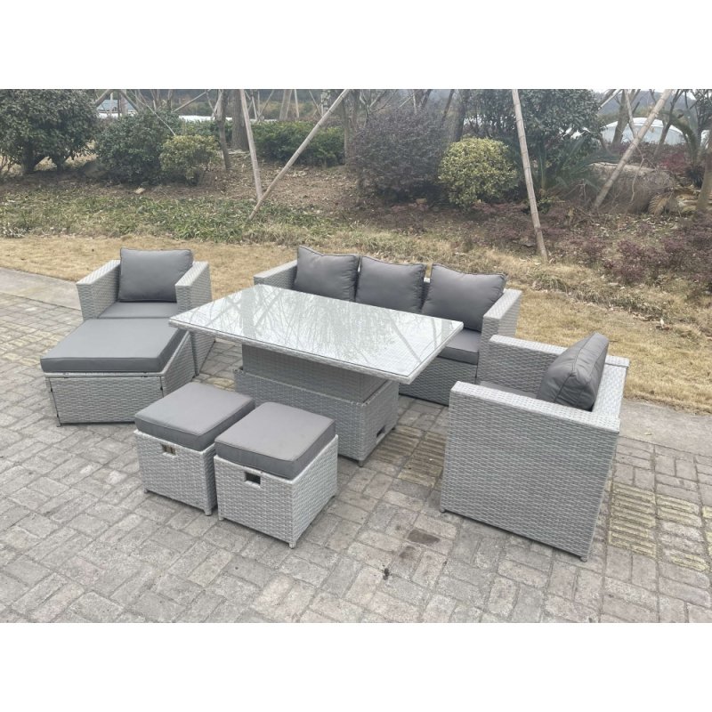 Fimous Rattan Garden Funiture Set Adjustable Rising Lifting Table Lounge Sofa Dining Set 2 Chairs Big And Small Footstool