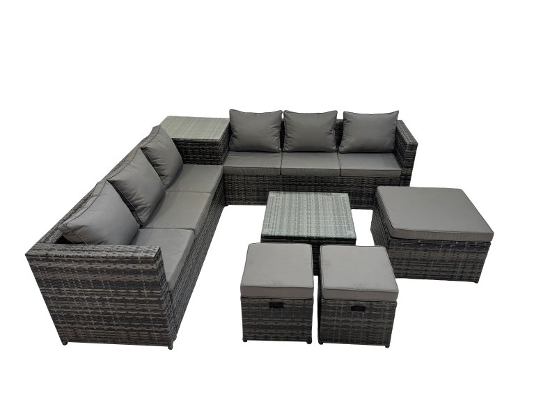 Fimous 9 Seater Garden Outdoor Rattan Furniture Set Patio Corner Sofa Coffee Table with 3 Stools Dark Grey