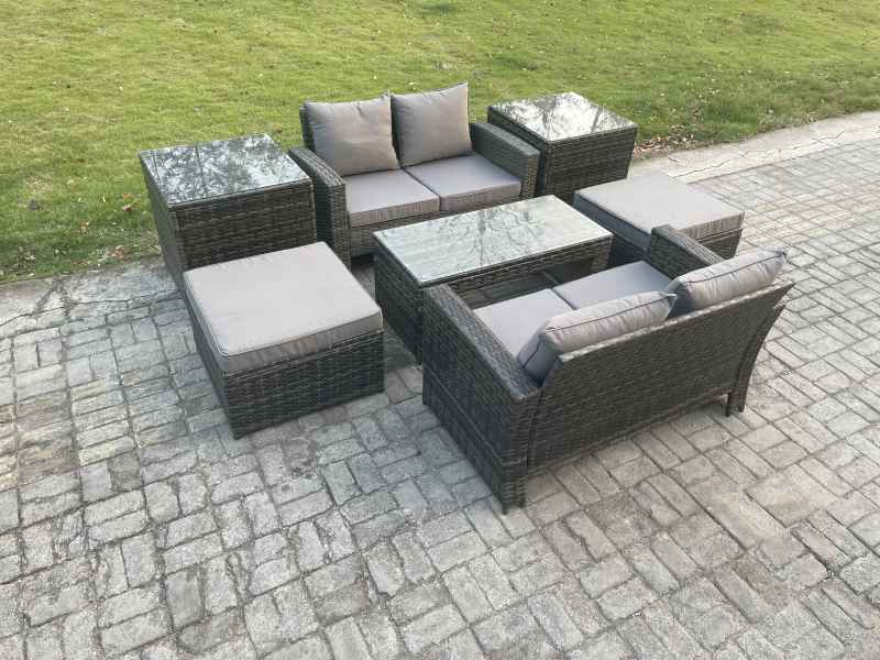 Fimous High Back Rattan Garden Furniture Sofa Sets with Rectangular Coffee Table 2 Side Tables 2 Big Footstool Dark Grey Mixed