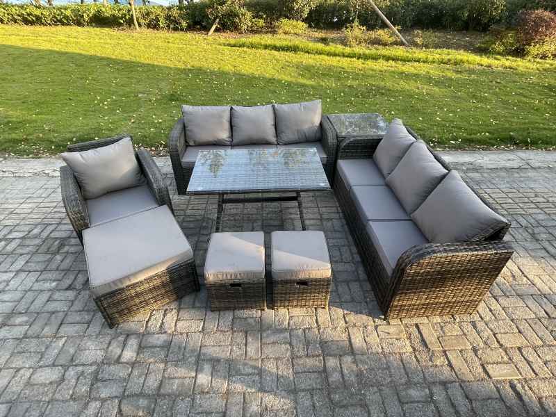 Fimous Wicker 8 Pieces Rattan Garden Furniture Sofa Set with Rectangular Dining Table Armchair 3 Footstools Side Table Dark Grey Mixed