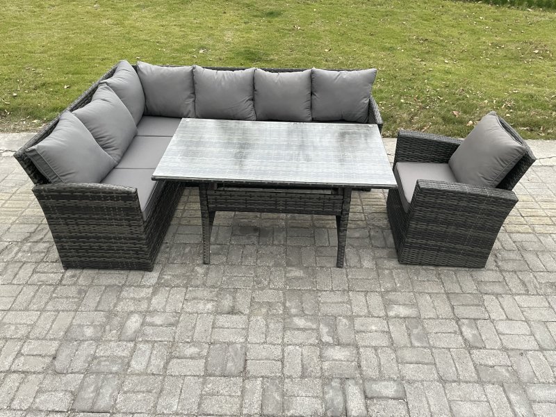 Fimous Outdoor Rattan Garden Furniture Corner Sofa Set with Rectangular Dining Table Armchair Patio Wicker Rattan Set Dark Grey Mixed