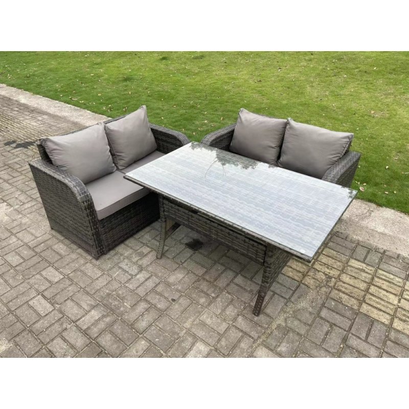 Fimous Dark Grey PE Wicker Rattan Garden Furniture Set Love Sofa 2 Seater Sofa Set Outdoor Rectangular Dining Table 4 Seater
