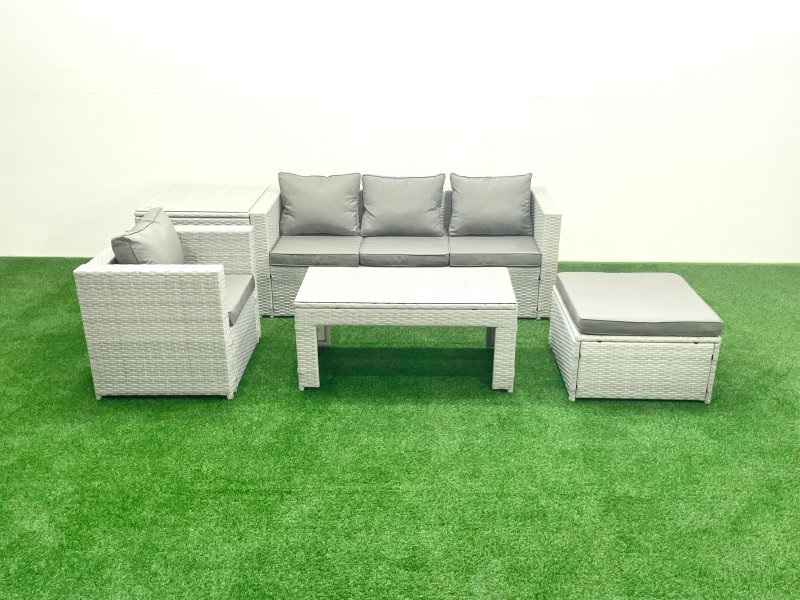 Fimous Outdoor Rattan Garden Furniture Set with Grey Cushions Luxury 5 Seater with Side Table and Coffee Table For Conservatory,Patio
