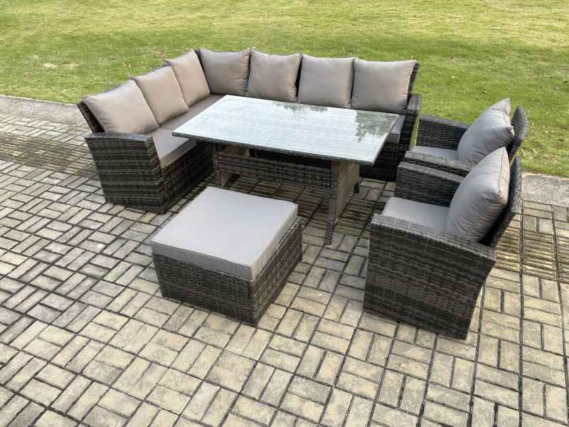 Fimous 9 Seater High Back Rattan Garden Furniture Set Corner Sofa With Rectangular Dining Table 2 Arm Chairs Big Footstool