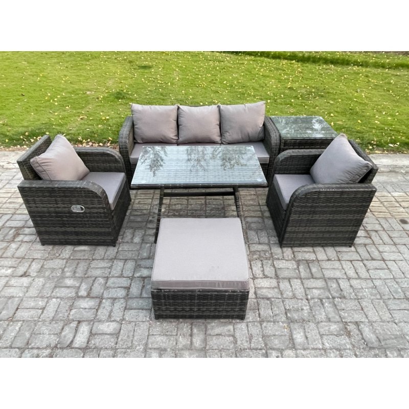 Fimous Rattan Wicker Garden Furniture Patio Conservatory Sofa Set with Rectangular Dining Table Reclining Chair 3 Seater Sofa Big Footstool Side Table
