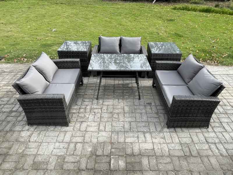 Fimous 6 PCS Outdoor Lounge Sofa Set Wicker PE Rattan Garden Furniture Set with Rectangular Dining Table Love Seat Sofa 2 Side Tables Dark Grey Mixed