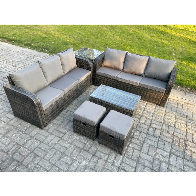 Fimous Outdoor Garden Furniture Sets 8 Seater Wicker Rattan Furniture Sofa Sets with Rectangular Coffee Table 3 Seater Sofa Side Table 2 Small Footstools Dark Grey Mixed