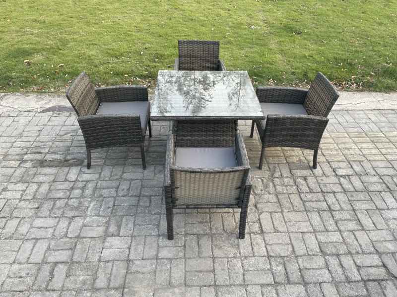 Fimous Wicker PE Outdoor Rattan Garden Furniture Arm Chair And Table Dining Sets 4 Seater Square Dining Table Dark Grey Mixed