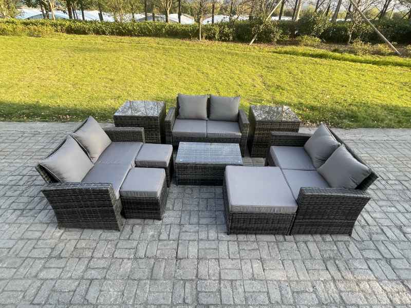Fimous 9pc Rattan Sofa Garden Furniture Outdoor Patio Set with 2 Side Tables 3 Footstools Love Seat Sofa Dark Grey Mixed