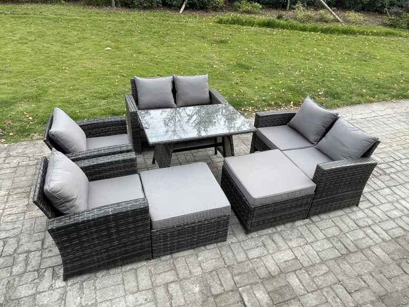 Fimous 8 Seater Garden Dining Set Wicker PE Rattan Outdoor Furniture Sofa with Rectangular Dining Table Double Seat Sofa 2 Big Footstool Armchair Dark Grey Mixed
