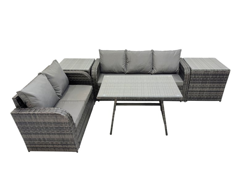 Fimous Garden Rattan Outdoor Furniture Set 5 Seater with Love Sofa 3 Seater Sofa 2 Side Table Dark Grey