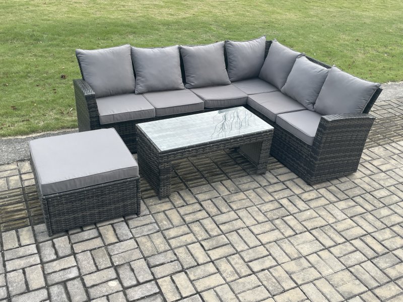 Fimous Rattan Corner Sofa Garden Furniture Set with Big Footstool Rectangular Coffee Table with Cushion Dark Grey Mixed