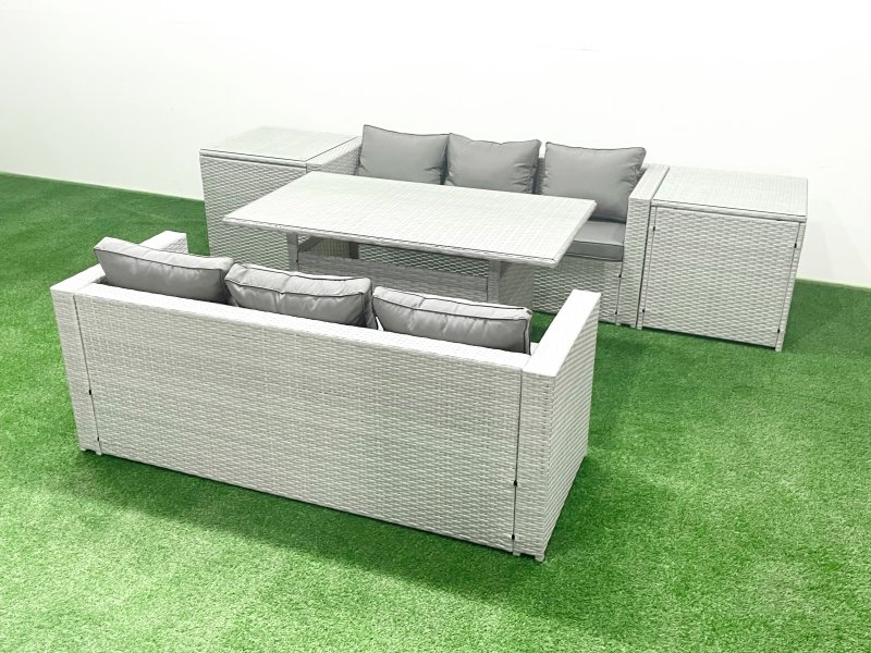 Fimous Rattan Garden Furniture Set 6 Seater Outdoor Sofa Set with Dining Table 2 Side Tables Light Grey Mixed