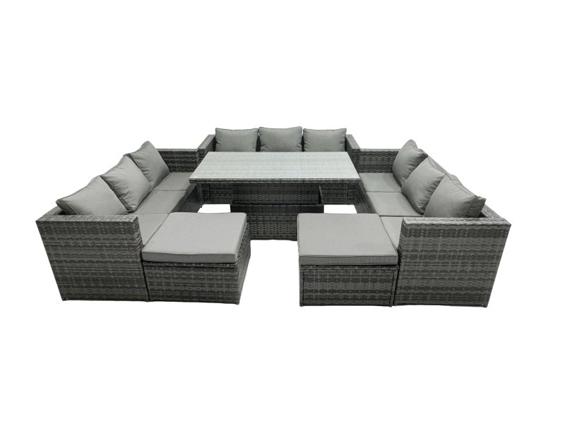 Fimous Rattan Dining Table Sofa Set with 2 Big Stool Outdoor 11 Seat Garden Furniture Set Dark Grey Mixed
