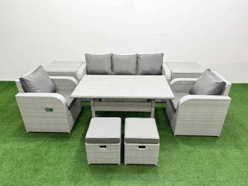 Fimous PE Rattan Garden Furniture Set Reclining Chair Sofa Lounge Sofa Set Rectangular Dining Table 2 Side Table 2 Small Stools Light Grey