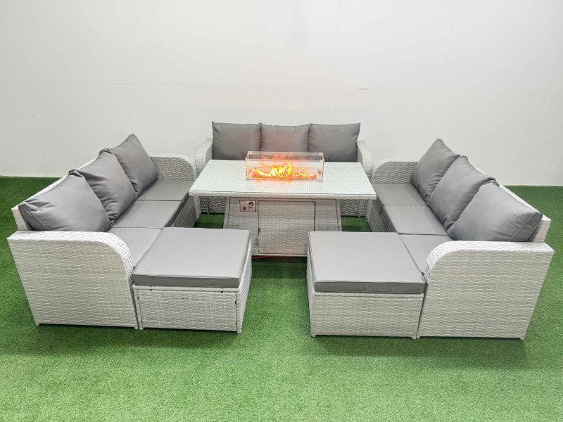 Fimous PE Rattan Lounge Sofa Set 11 Seater Outdoor Garden Furniture Set with Firepit Dining Table 3 Seater Sofa 2 Big Footstools Light Grey