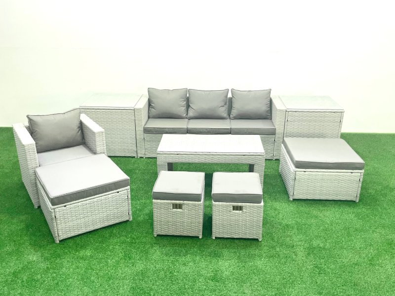 Fimous Rattan Garden Furniture Set Outdoor Lounger Sofa with Coffee Table 4 Footstools 2 Side Tables Light Grey Mixed