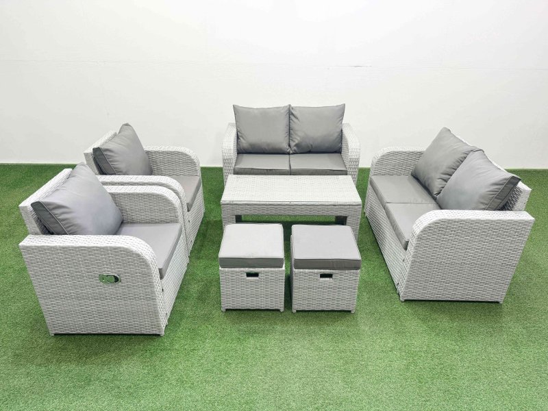 Fimous 8 Seater Outdoor Reclining Chair Love Sofa Set Rattan Garden Furniture Set with Oblong Coffee Table 2 Stools Light Grey