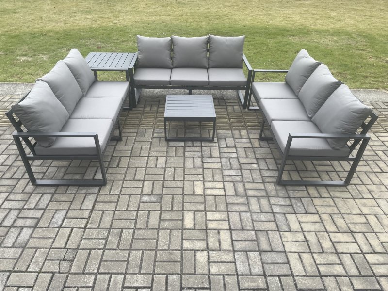 Fimous Aluminium 9 Seater Outdoor Garden Furniture Set Patio Lounge Sofa with Square Coffee Table Side Table Conservatory Set Dark Grey