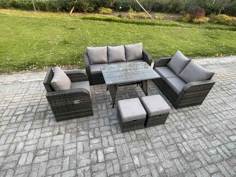 Fimous 8 Seater Outdoor Rattan Garden Furniture Set Patio Lounge Sofa Set with Dining Table 2 Small Footstools Dark Grey Mixed