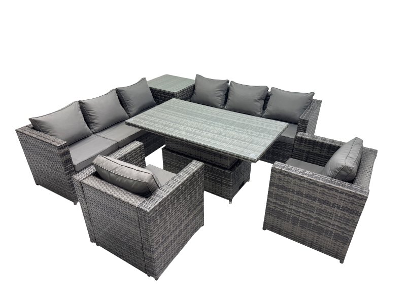Fimous 8 Seater Outdoor Corner Sofa Height Adjustable Rising Lifting Table Set Garden Rattan Furniture Set with Side Table Dark Grey