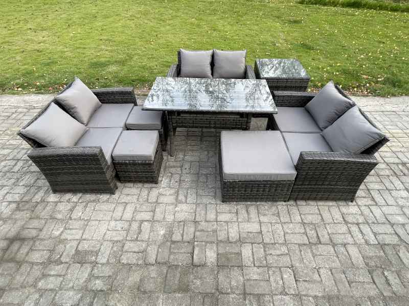 Fimous Wicker PE Rattan Garden Furniture Sets Outdoor Lounge Sofa Set with Oblong Dining Table Double Seat Sofa 3 Footstools Side Table Dark Grey Mixed