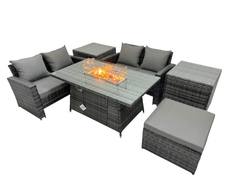 Fimous Outdoor Love Sofa Set 5 Seat Rattan Garden Furniture Set with Gas Firpit Dining Table Big Footstool 2 Side Table Dark Grey Mixed