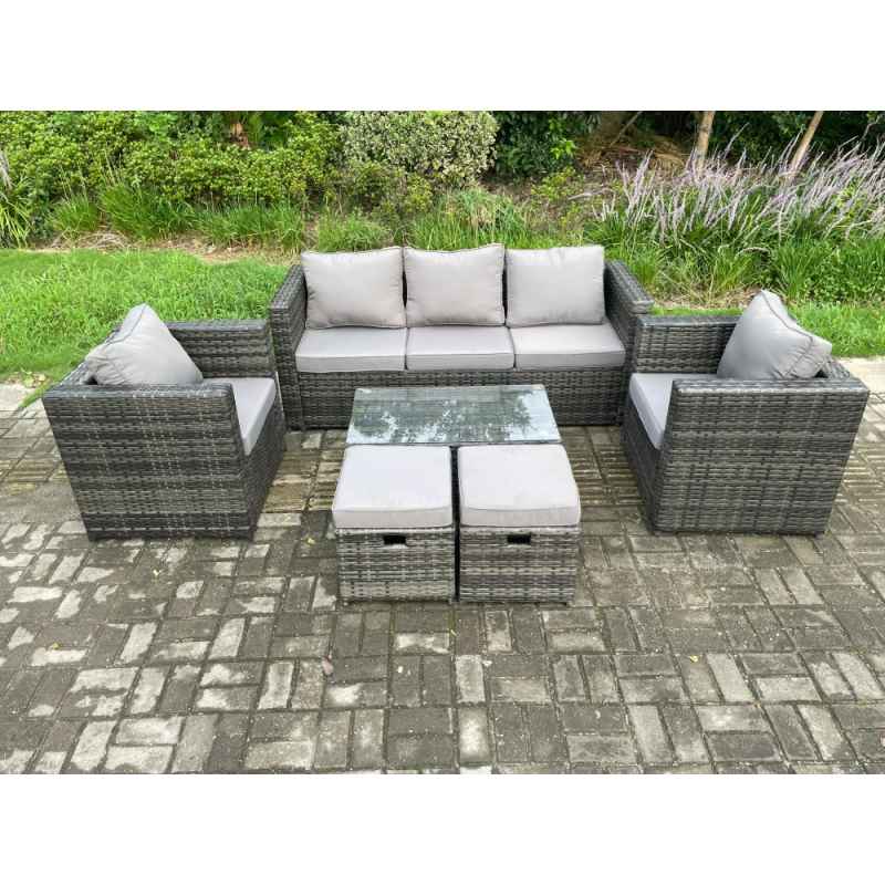 Fimous Outdoor Rattan Garden Furniture Set with 3 Seater Sofa Coffee Table 2 Armchairs 2 Small Footstool Patio Lounge Sofa Set Dark Grey Mixed