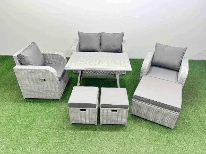 Fimous Light Grey PE Wicker Rattan Garden Furniture Set Sofa Set Reclining Chair Love Sofa Rectangular Dining Table 3 Stools