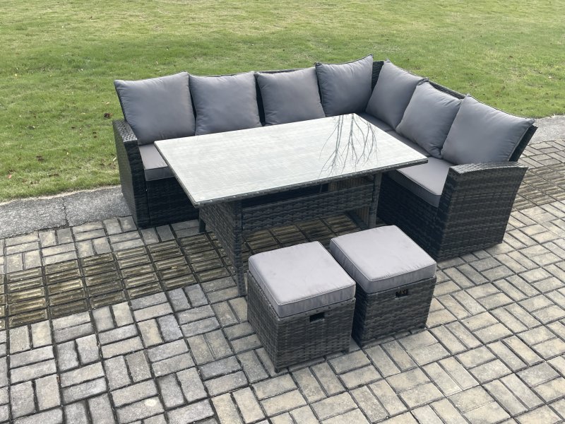 Fimous 8 Seater Garden Rattan Furniture Corner Sofa Dining Table Set with 2 Small Footstools Indoor Outdoor Lounge Sofa Set