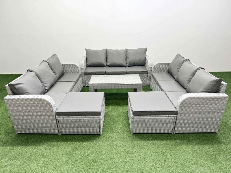 Fimous PE Rattan Lounge Sofa Set 11 Seater Outdoor Garden Furniture Set with Oblong Coffee Table 3 Seater Sofa 2 Big Footstools Light Grey