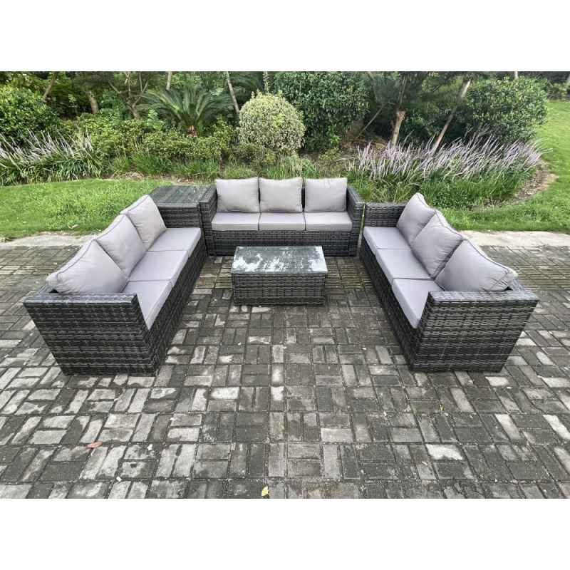 Fimous 9 Seater Outdoor Lounge Sofa Set Wicker PE Rattan Garden Furniture Set with Oblong Coffee Table Side Table Dark Grey Mixed