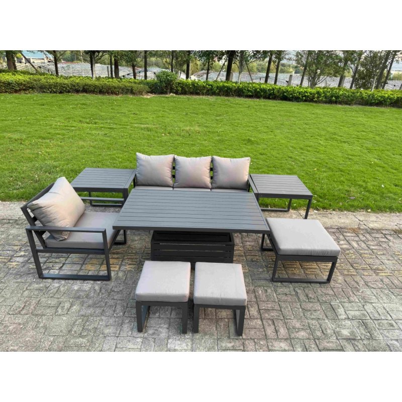 Fimous Aluminum Outdoor Dining Set Patio Dining Furniture Set Includes Adjustable Rising Lifting Dining Table Chairs with 3 Footstools Side Table