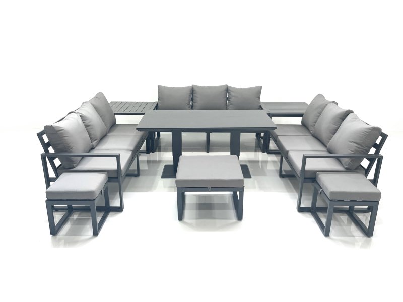 Fimous 12 Seater Garden Sofa Set Aluminium Furniture Rising Dining Tabe Set with 2 Side Tables 3 Footstools Dark Grey