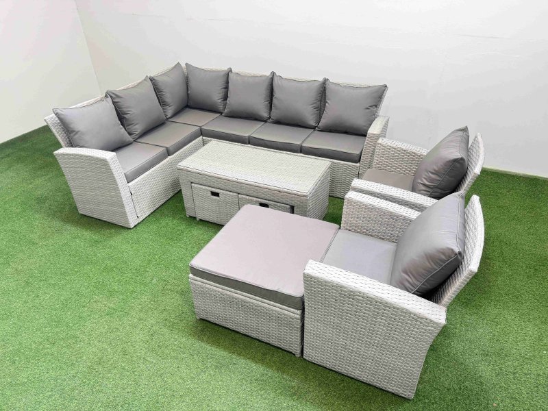 Fimous Rattan Garden Furniture Set Outdoor 11 Seater Corner Sofa Sets with Oblong Coffee Table Chair 3 Footstools Light Grey Mixed