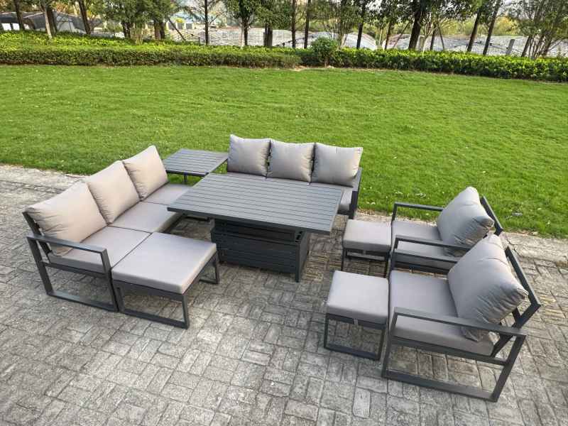 Fimous 8 Piece Garden Furniture Set 11-Seater Aluminium Outdoor Dining Set with Adjustable Rising Lifting Dining Table & Cushions 3 Footstools Dark Grey