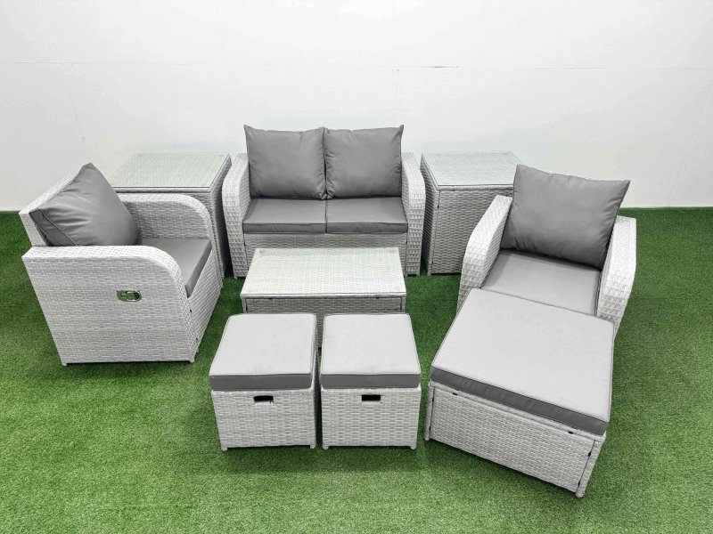 Fimous Light Grey PE Wicker Rattan Garden Furniture Set Sofa Set Reclining Adjustable Chair Rectangular Coffee Table 7 Seater 3 Stools 2 Side Table