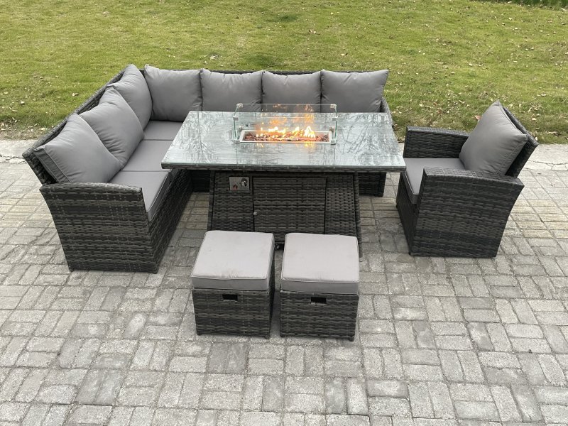 Fimous Rattan Garden Furniture High Back Corner Sofa Gas Fire Pit Dining Table Sets Gas Heater with Armchair 2 Small Footstools 9 Seater Dark Grey Mixed