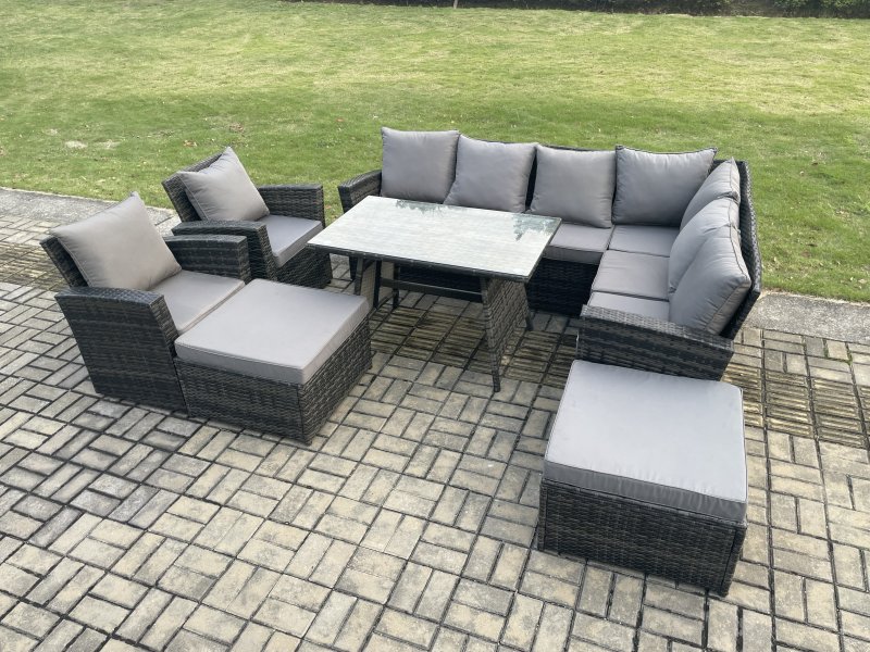 Fimous High Back Outdoor Garden Furniture Set Rattan Corner Sofa Dining Table Set With 2 Armchairs 2 Big Footstool 10 Seater Dark Grey Mixed
