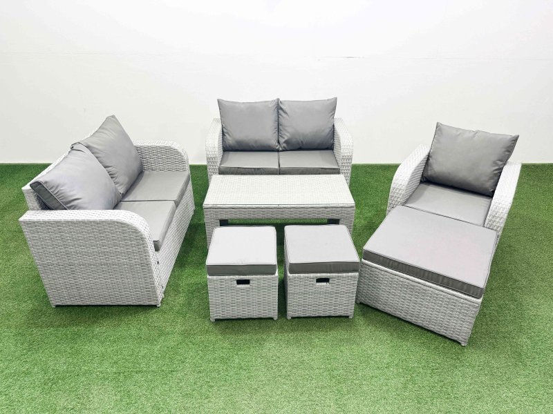 Fimous High Back Poly Rattan Garden Furniture Set with Reclining Chair Loveseat Sofa Oblong Coffee Table Indoor Outdoor Patio Set 3 Stools Light Grey