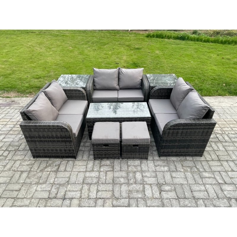 Fimous Outdoor Garden Furniture Sets 8 Pieces Wicker Rattan Furniture Sofa Sets with Rectangular Coffee Table Love seat Sofa 2 Small Footstools 2 Side Tables