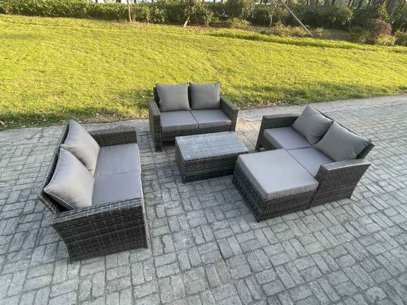 Fimous Dark Grey 7 Seater Outdoor Rattan Garden Furniture Set Patio Love Sofa Rectangular Coffee Table Set with Big Footstool