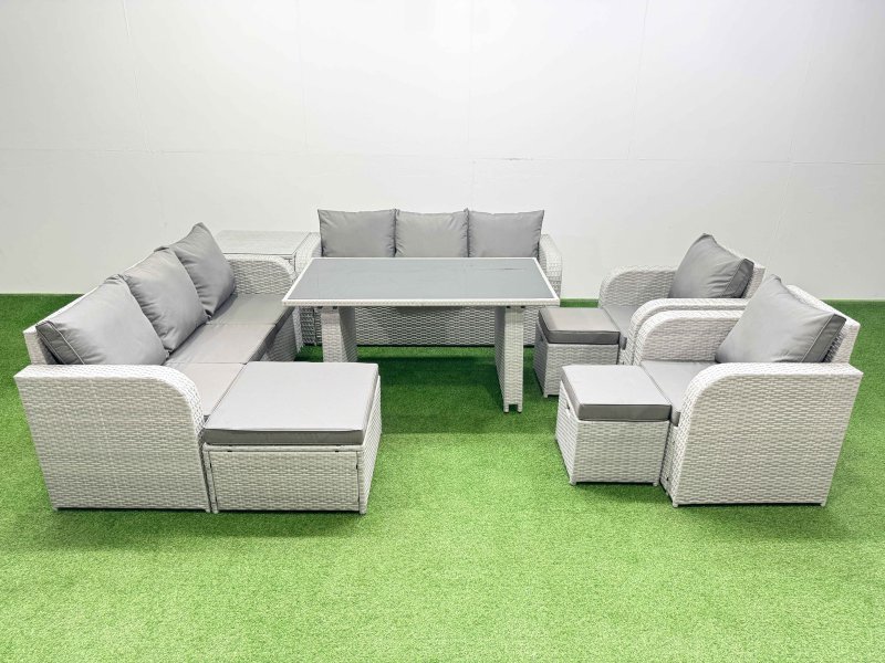 Fimous 11 Seater Wicker PE Rattan Furniture Outdoor Dining Table 3 Seater Sofa Reclining Chair Set with Side Table 3 Stools Light Grey