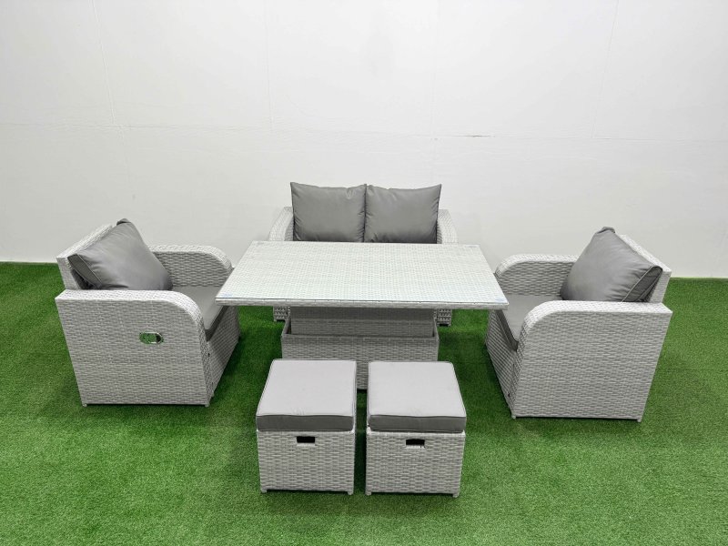 Fimous Light Grey PE Wicker Rattan Garden Furniture Set Sofa Set Reclining Chair Adjustable Lifting Dining or Coffee Table 6 Seater 2 Small Stools