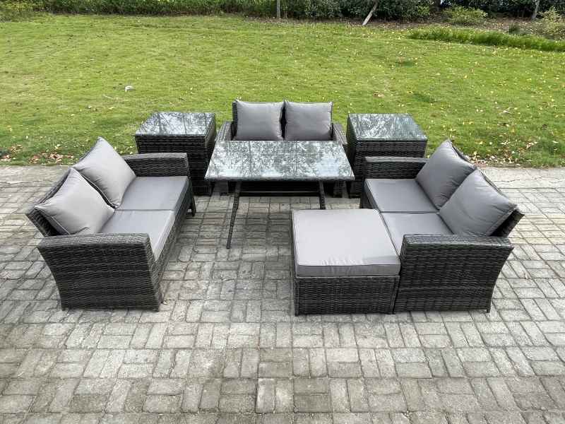 Fimous 7 PCS Outdoor Lounge Sofa Set Wicker PE Rattan Garden Furniture Set with Rectangular Dining Table Love Seat Sofa 2 Side Tables Big Footstool Dark Grey Mixed