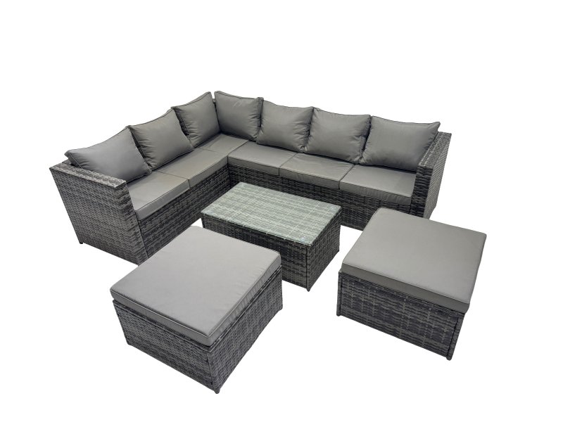 Fimous Outdoor Rattan Rectangular Coffee Table Corner Sofa Sets Garden Furniture Set with 2 Big Stools Dark Grey Mixed