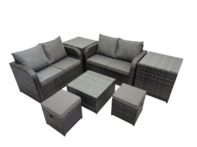 Fimous Rattan Garden Outdoor Furniture Set Love Sofa Square Coffee Table Set with 2 Side Tables 2 Small Stools Dark Grey Mixed